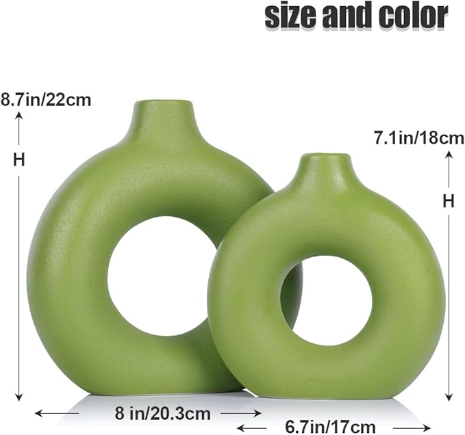 Green Ceramic Vase Set of 2, Flower Vase for Home Decor, Donut Vase for Green Decor, Modern Boho Decorative Vase, Round Hollow Pampas Grass Vase, Perfect for Dining Table, Mantel & Centerpiece