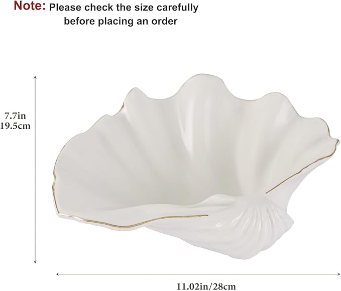 White Shell Decorative Bowl – 11" Resin Clam Shell with Gold Rim, Coastal Centerpiece for Bathroom Vanity, Entryway, or Living Room, Jewelry Holder, Key Tray, Fruit Bowl, Beach House Decor