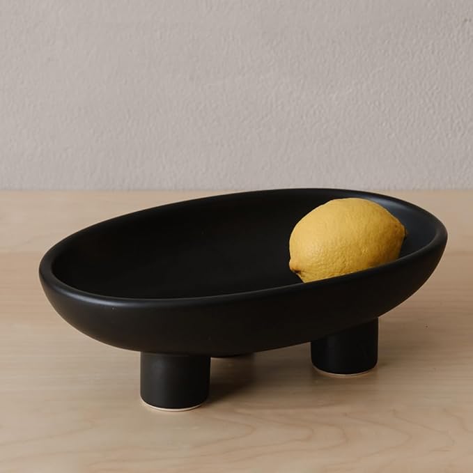 WENSHUO Three-Legs Ceramic Fruit Bowl for Kitchen Counter, Decorative Bowl for Table Décor, 10-inch Oval Large Bowls for Breads (Black)