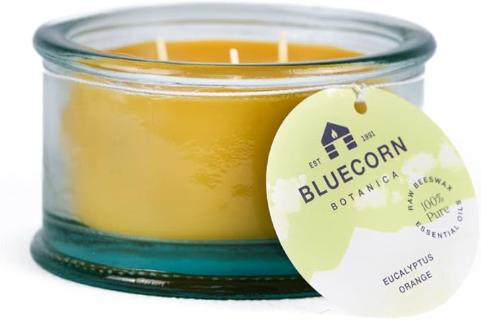 Bluecorn Beeswax 3-Wick Candle, 100% Pure Bees Wax, Eucalyptus & Orange Essential Oils Candle Wax, Soy Free, Clean Burning, Long Lasting, Gifts for Women & Men, Christmas Gifts, American Made, 10 Oz