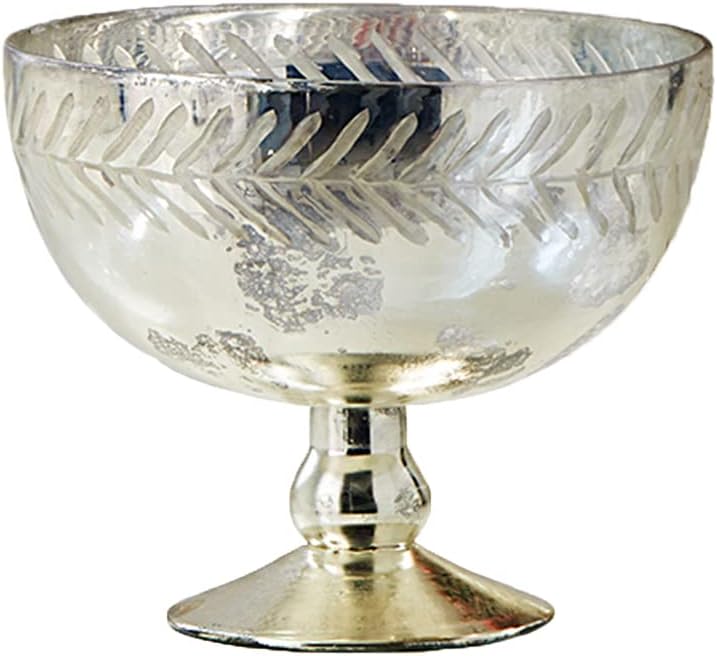 Serene Spaces Living Silver Etched Leaf Mercury Glass Bowl, Vintage Compote Bowl (Pack 1)