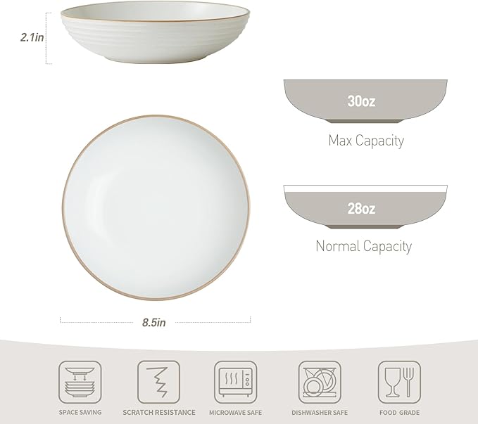 famiware Jupiter Pasta Bowls, 30 OZ Large Salad Bowls Set of 4, Microwave and Dishwasher Safe, Sturdy and Stackable, Serving Bowls for Kitchen, White