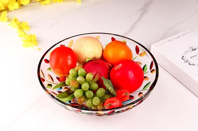 Decorative Bowl, Large Hand Painted Glass Crystal Fruit Bowl for Decor, Colorful,11.8 in Diameter