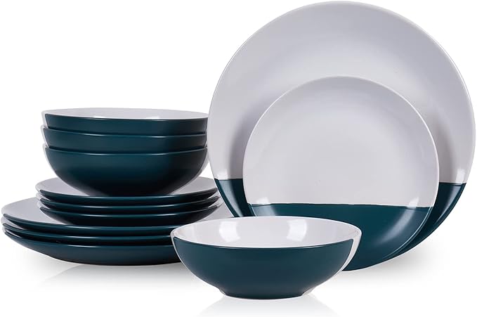 Stone + Lain Lizzy Stoneware 12-Piece Round Dinnerware Set, Emerald Green