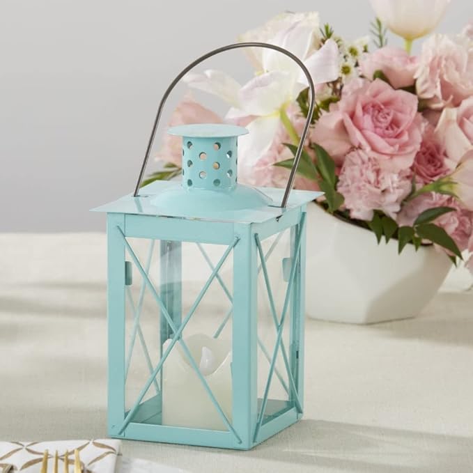 Kate Aspen Medium Decorative Lanterns - Set of 12 - Luminous Blue Metal Lantern Tealight Candle Holders Centerpieces for Wedding, Home Decor and Party - 6.3" H (8.9" H with Handle)