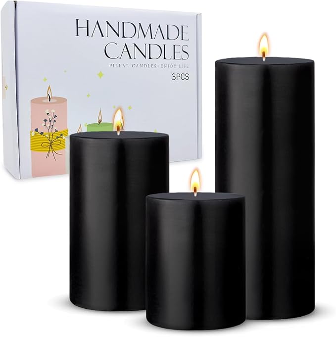 Set of 3 Different Sizes Black Pillar Candles, Unscented Dripless 2.75x3, 2.75x4, 2.75x6 Inch Cylinder Column Wax Long Burning Candles for Halloween Home Power Outage Emergency Dinner Table Decoration