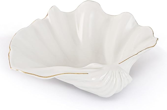 White Shell Decorative Bowl – 11" Resin Clam Shell with Gold Rim, Coastal Centerpiece for Bathroom Vanity, Entryway, or Living Room, Jewelry Holder, Key Tray, Fruit Bowl, Beach House Decor