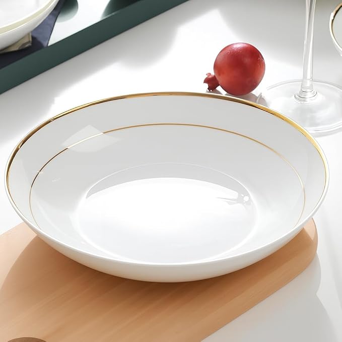8 Inch Ceramic Dinner Plate with Gold Rim, Elegant White Porcelain Dinnerware for Pasta, Salad, Dessert, Dishwasher Safe, Wedding & Party Tableware - Set of 2
