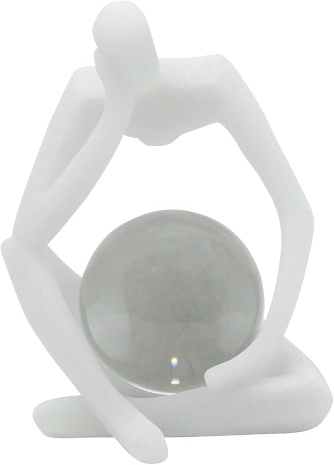 Lukitas Resin Thinker Statue - Holding Crystal Ball Sculpture, Modern Abstract Collectible Figurine for Home Office Bookshelf Decor, White Sand 7.5''