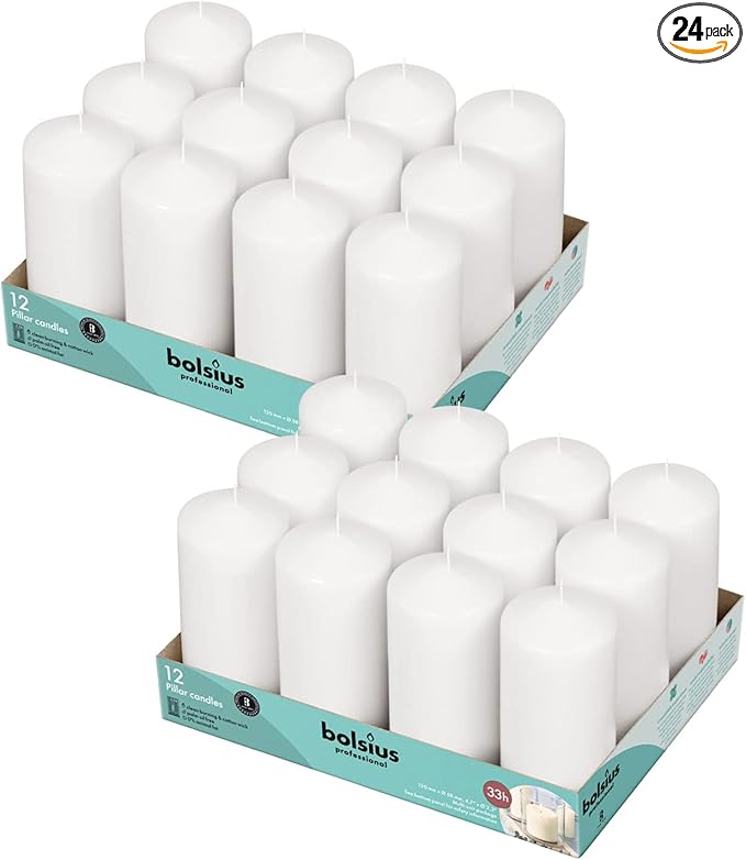 BOLSIUS White Pillar Candles - 2.3x4.7 Inches - 2 Packs = Total 24 Candles - 33+ Hours - Premium European Quality - Consistent Smokeless Flame - Unscented Dripless Pillars