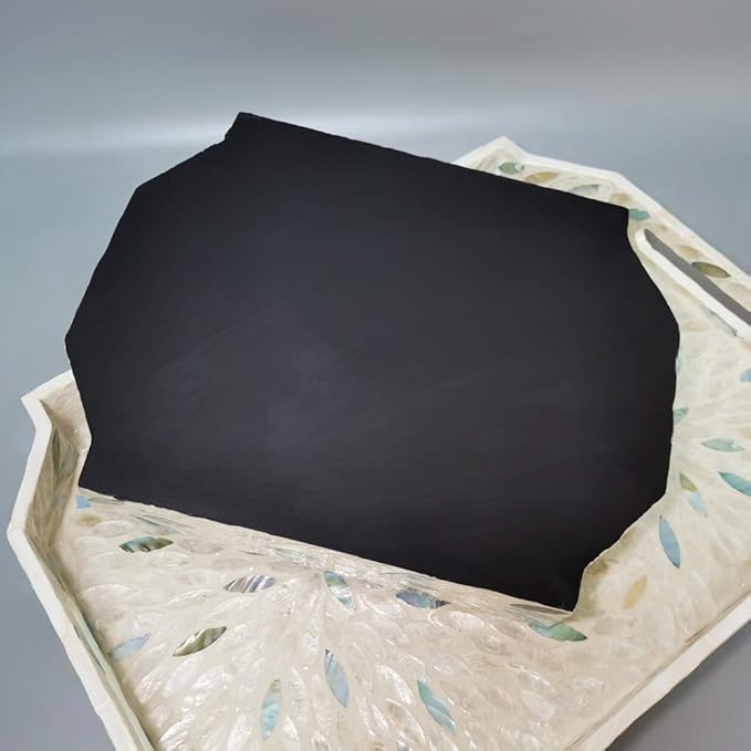16 Inch Mother of Pearl Tray Dodecagon, Large Lacquer Shell Tray with Handles and 2”Side, Decorative Shell Serving Tray Inlay Nacre Ottoman Tray for Coffee Table, Vanity Organizer, Breakfast, M, i-lan