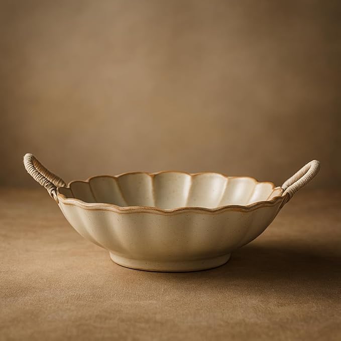 Small Vintage Scalloped Ceramic Bowl with Rope Handles, Retro Style Glazed Purse Bowl for Serving Fruit,Salad,Table Centerpiece Decor (Retro Yellow)