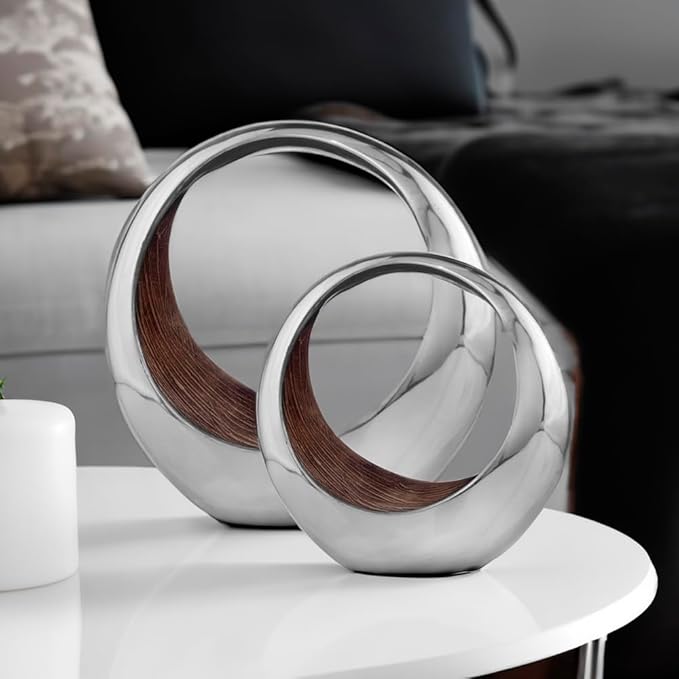 Modern Day Accents 3501 Large Anillo 2-Tone Decorative, Aluminum, Tabletop, Accents, House Decor, Bowl, Modern, Engagement Wedding Trays, Ring Display Stand, Key Holder 16"L x 8"W x 16"H, Brown Silver