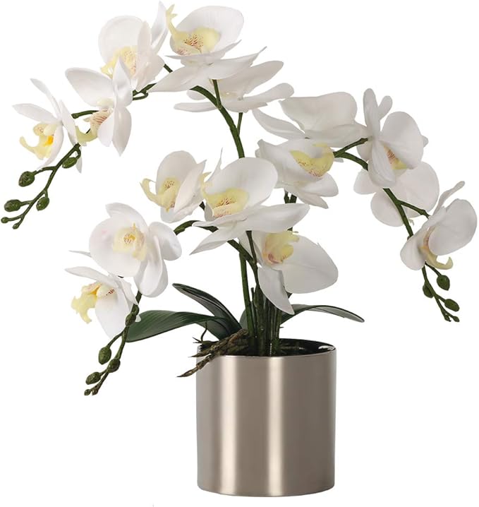 LESING Potted Artificial Orchid Flowers,Real Touch White Fake Artificial Orchid Flower in Silver Vase Arrangement for Table Living Room Decoration (White,Silver Vase)