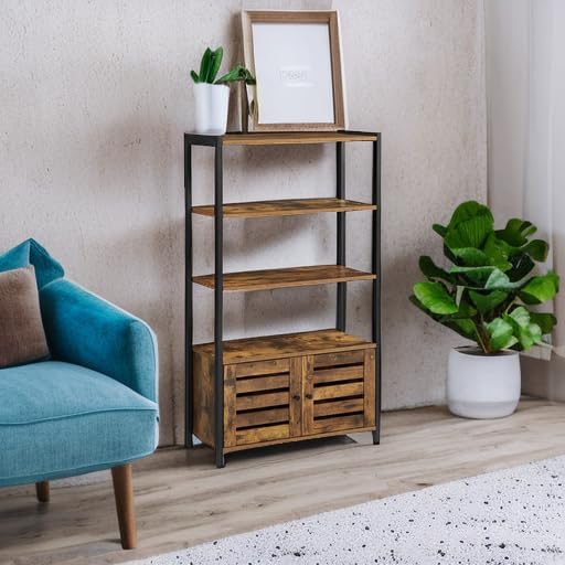 VASAGLE LOWELL Bookshelf, Storage Cabinet with 3 Shelves and 2 Louvered Doors, Industrial Bookcase in Living Room, Study, Bedroom, Multifunctional, Rustic Brown ULSC75BX