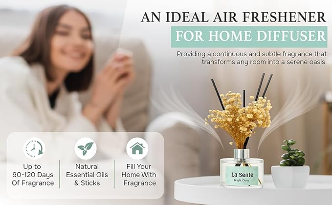 Reed Diffuser Set, Glass Bottle with Black Rattan Sticks, Dried White Flowers, 6.7fl oz, 200ml (Bright Citrus)