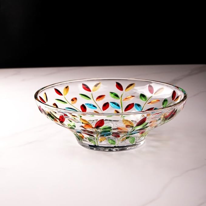 Decorative Bowl, Large Hand Painted Glass Crystal Fruit Bowl for Decor, Colorful,11.8 in Diameter