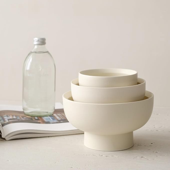High-foot Fruit Bowl, Ceramic Pedestal Decorative Bowl, Round Bowl for Salad, H3.8" × W6.7" Small Size, 27oz, Matte Crème