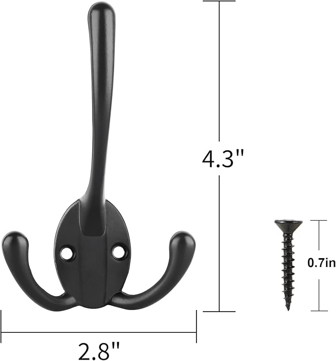 IBosins 6 Pack Big Heavy Duty Three Prongs Coat Hooks Wall Mounted with 24 Screws (Two Types of Screws Included) Retro Double Utility Rustic Hooks for Thick Coat, Big Heavy Bags (6 Pack)