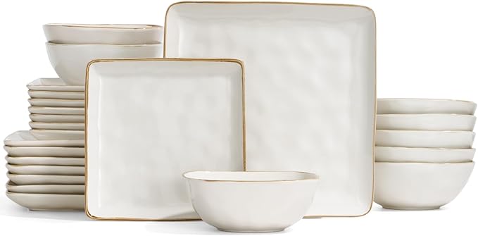 Famiware Dinnerware Sets for 8, Ocean Square 24-Piece Kitchen Plates and Bowls Sets, Microwave and Dishwasher Safe, Scratch Resistant, Vanilla White