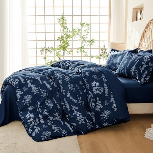 MUXHOMO Navy Blue Bed in a Bag Queen 7 Pieces, Queen Comforter Set Reversible Botanical Flowers Design, Ultra Soft & Breathable Bedding Sets with Comforter, Sheets, Pillowcases & Shams