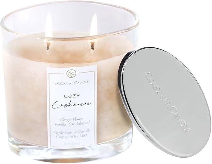Colonial Candle Cozy Cashmere Scented Candle Jar, Highly Fragranced Candles for Home Scented, Mottled Wax Candle, 2 Wick, 8 oz - Made in The USA
