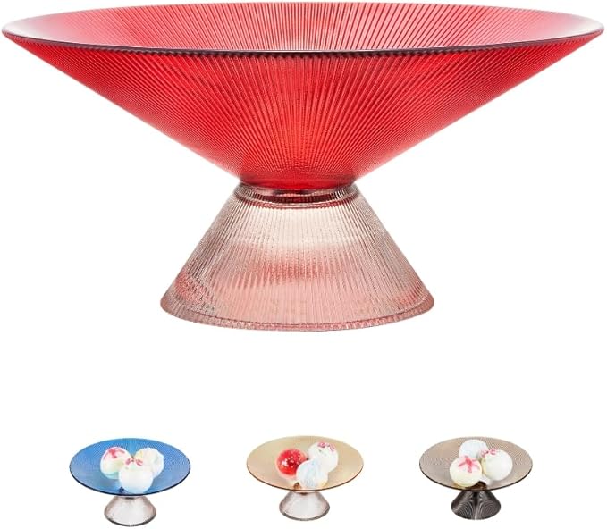 Fruit Bowl – 10” Red Glass Bowl/Decorative Bowl with Ripple Pedestal – Purse bowl, Decorative Bowls for Home Décor, Candy bowl, Decorative Glass Bowl