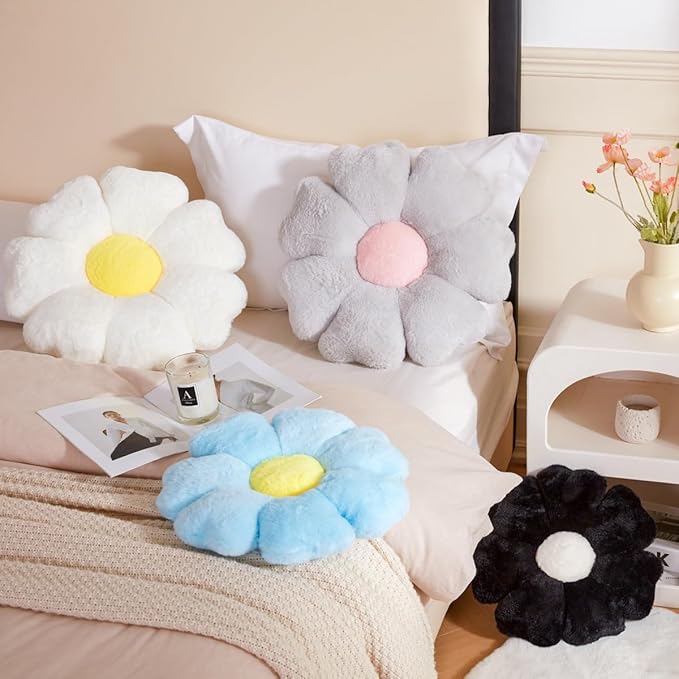 Flower Pillow, White Daisy Flower Decorative Pillows for Bed, Cute 19.6" Flower Shaped Pillow with Soft Faux Rabbit Fur Dorm Home Decor Floor Seating Cushion