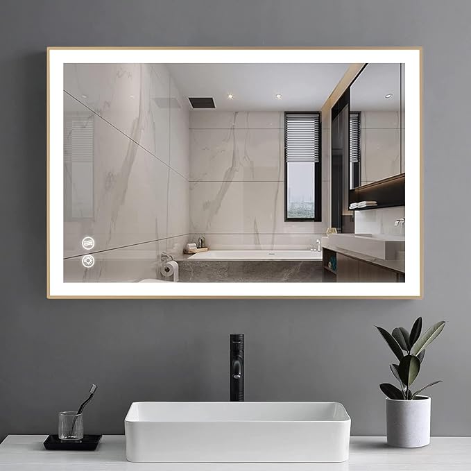 LED Lighted Bathroom Mirror 24 x 36 Inch, Champagne Gold Framed Wall Mounted Dimmable Vanity Mirror, Anti-Fog Touch Sensor, Adjustable Color Warm/White/Natural