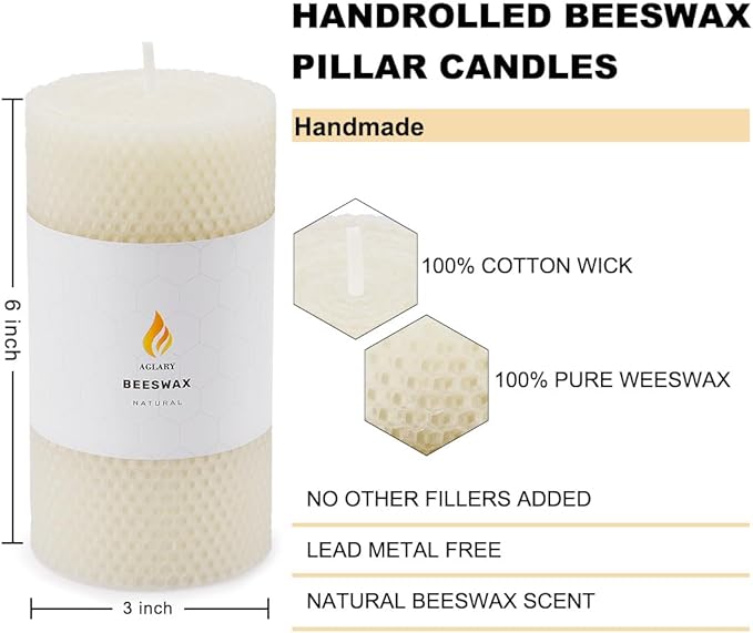 3 * 6" Beeswax Pillar Candle, Large Handmade Pure Beeswax Rolled Candle,Nature,Unscented & Dripless & Smokeless,White