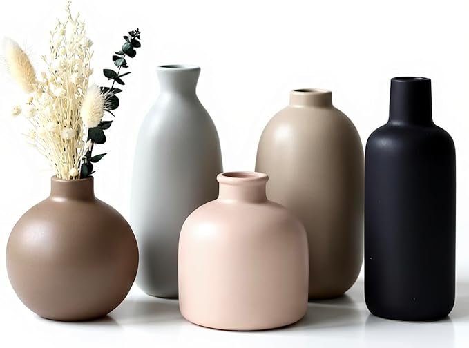 CUCUMI Ceramic Vase Set of 5, Home Decor Farmhouse Décor Handmade Pottery Vases for Pampas Grass, Dried Fresh Flowers, Table, Living Room, Kitchen, Shelf, Entryway Mantel Neutral Tones