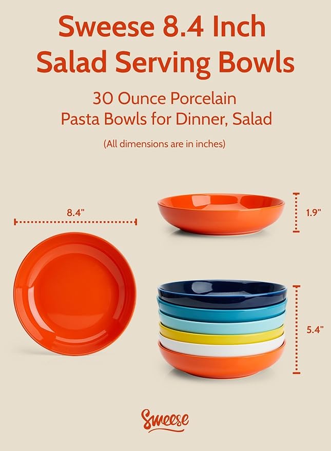Sweese Pasta Bowls, 30 Ounce Salad Serving Bowls Set of 6, 8.4 Inch Porcelain Plates for Serving Dinner, Salad - Microwave Dishwasher Safe, Hot Assorted Colors