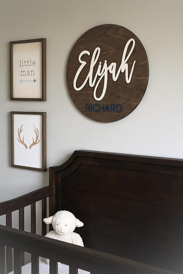 Custom Round Nusery Name Sign, Personalized 3D Baby Name Announcement Sign, Personalized Wooden Wall Plaque, 3D Wall Art for Children & Kids Rooms, Family Name Signs, 30 Colors (Design 1)