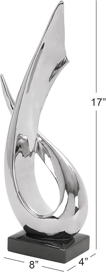 Deco 79 Porcelain Ceramic Abstract Decorative Sculpture Home Decor Statue with Black Base, Accent Figurine 8" x 4" x 17", Silver