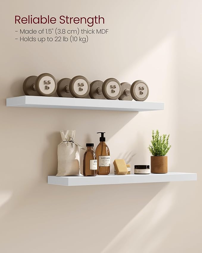 VASAGLE Wall Shelves Set of 2, Floating Shelves, 8 x 23.6 x 1.5 Inches, Display Shelves for Picture Frames, Decor, Hanging Shelf for Living Room, Kitchen, White ULWS056W01