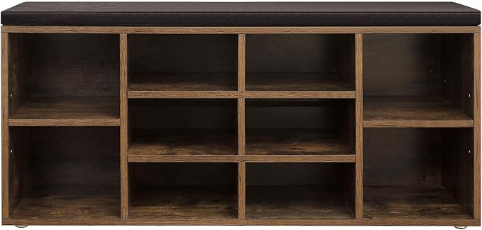 VASAGLE CUSTOS Collection - Shoe Bench, Storage Bench with Padded Seat, Entryway Bench with 10 Compartments, for Bedroom, 11.8 x 40.9 x 18.9 Inches, Rustic Brown and Chestnut Brown ULHS010X01
