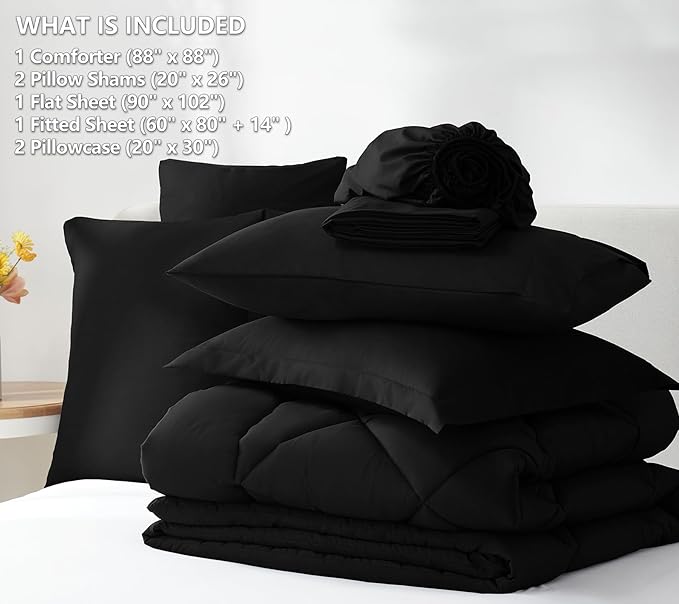 CozyLux Queen Comforter Set Black - Bed in a Bag Queen Size 7 Pieces, Luxury Soft Bed Set for All Seasons, Bedding Set with Down Alternative Comforter, Sheets, Pillowcases & Shams