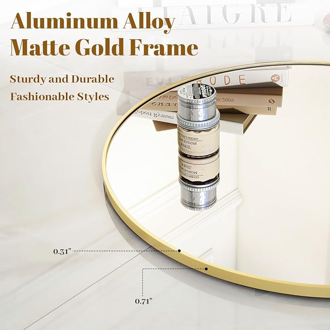 VooBang Large Gold Round Bathroom Mirror, 48 inch Circle Wall Mounted Hanging Mirror with Simple Modern Circular Metal Frame for Hallway, Entryway, Living Room, Gold Frame
