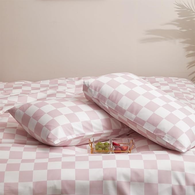 KAREVER Pink White Grid Comforter Set Twin Pink Plaid Bedding Set Girls Blush White Checkered Bed Blanket Set Kids Breathable Durable Bedding Comforter Set