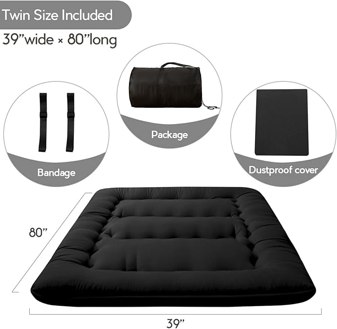 MAXYOYO Japanese Floor Mattress Futon Mattress, 4" Thicken Tatami Mat Sleeping Pad Foldable Roll Up Mat Boys Girls Dormitory Pad Kids Floor Lounger Pillow Bed, Black, Twin Size