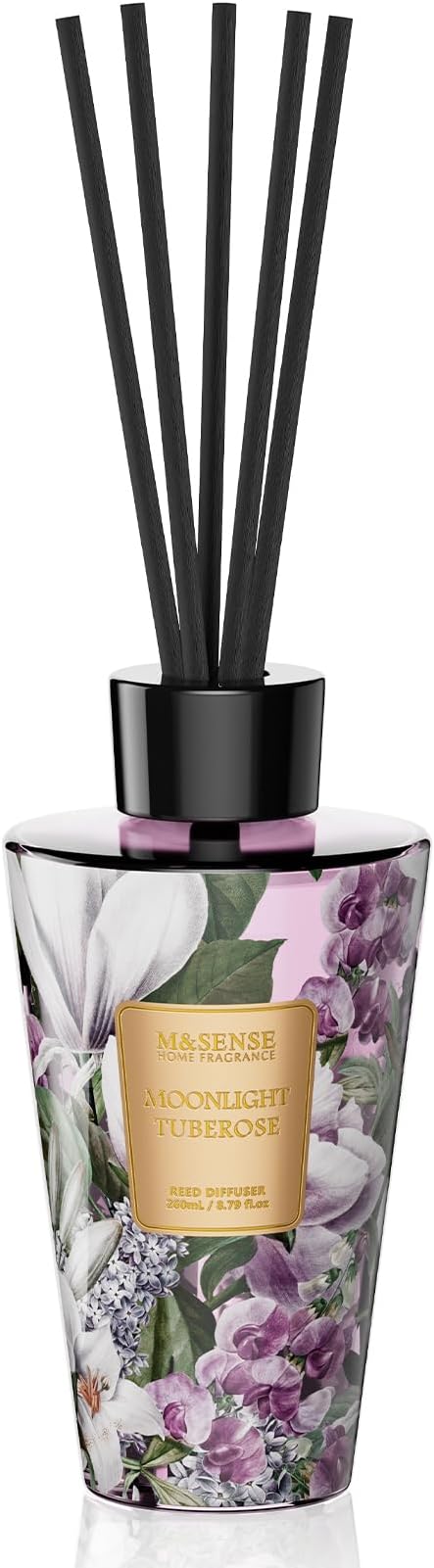 M&SENSE Moonlight Tuberose Reed Diffuser Set - 8.79fl oz Home Fragrance Non-Toxic Essential Oil Diffuser with Sticks, Air Freshner Gifts for Her or Him