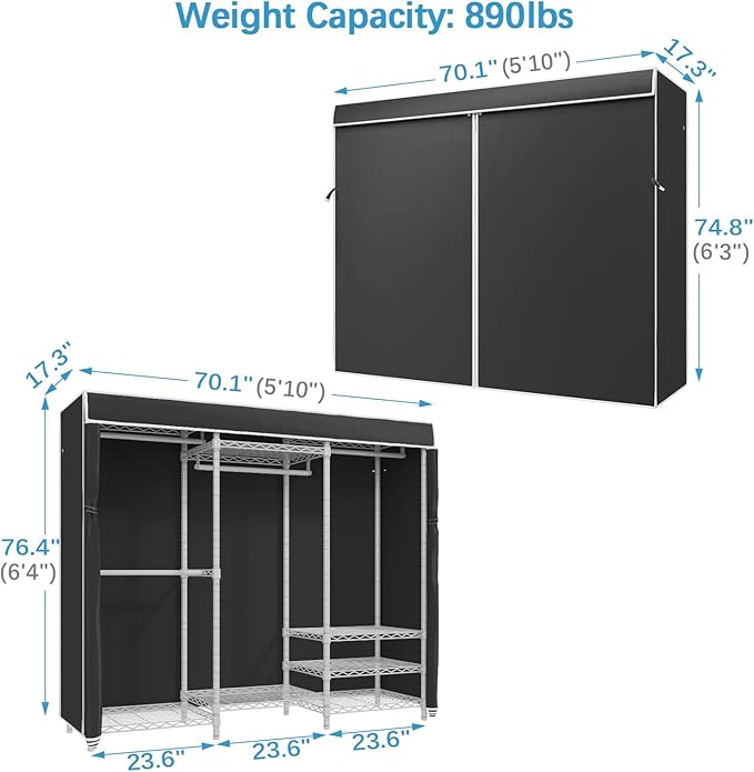 VIPEK V5C Bedroom Armoires Portable Clothes Closet Rack, White Metal Clothing Rack with Black Cover, Adjustable Custom Freestanding Closet Wardrobe Heavy Duty Covered Clothes Rack, Max Load 890LBS