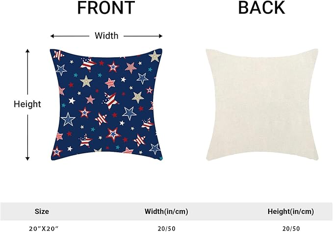 4th of July Pillow Covers 20 x 20 Inch, Blue Red Patriotic Stripes Star Decor Throw Pillows for Couch Bed, American Flag Independence Day Decorative Pillowcase Linen Cushion Cover Set of 2