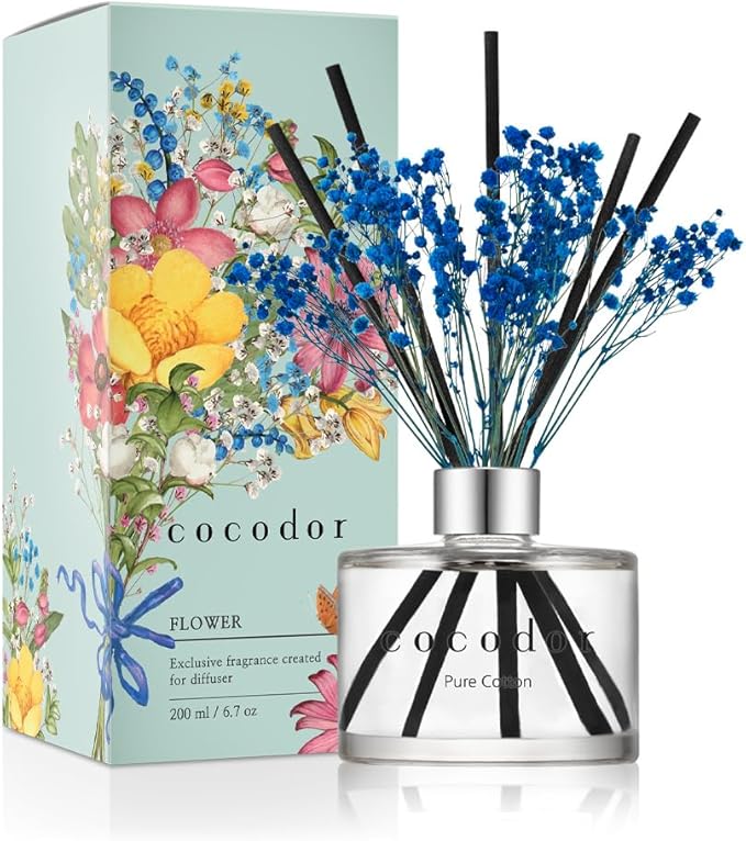 COCODOR Flower Reed Diffuser Set / 6.7oz / Pure Cotton/Scent Diffuser with Sticks Home Fragrance Reed Diffuser for Bathroom Shelf Decor