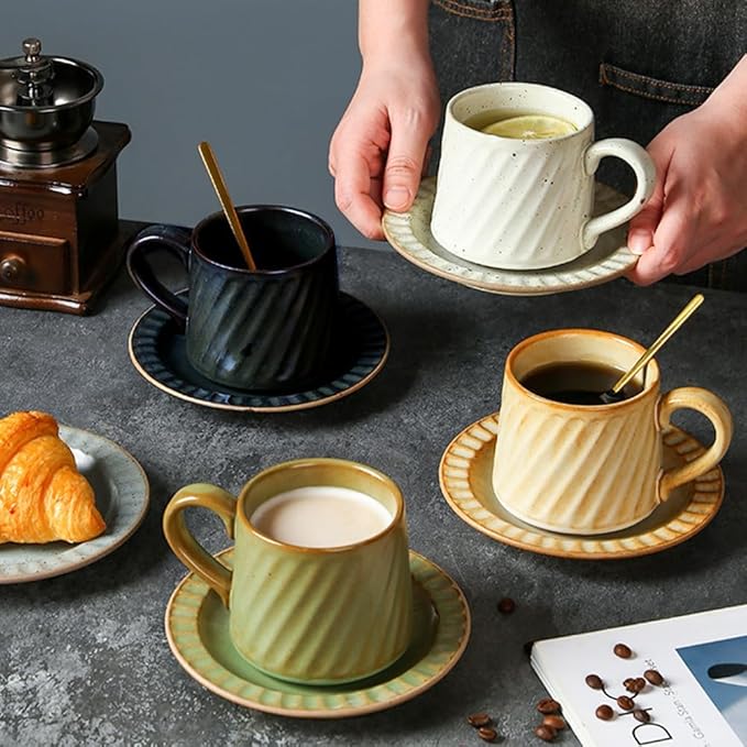Vintage Ceramic Tea Cup and Saucer Set with Spoon, 10 oz Retro Porcelain Coffee Mug (Cream Fleck)