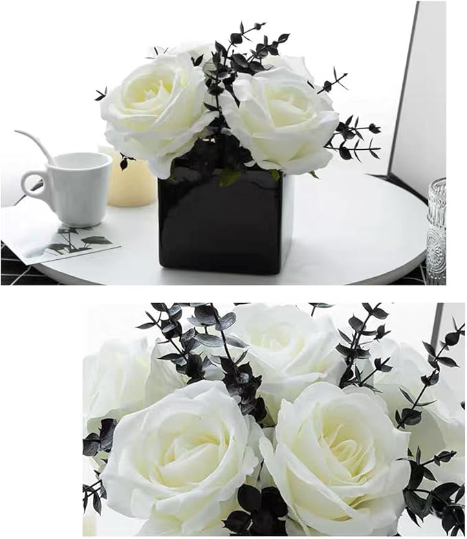 LADADA Artificial Flowers with Small Ceramic Vases, Roses in Vases Plastic Artificial Flowers and Plants,Used for Home Office Wedding Decoration, Table Decoration(White)