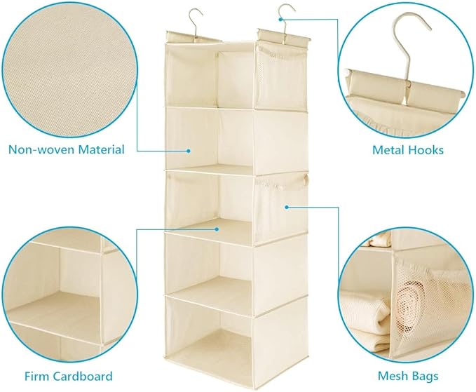 MAX Houser 5 Shelf Hanging Closet Organizer, Space Saver, Cloth Hanging Shelves with 4 Side Pockets, Foldable, Beige