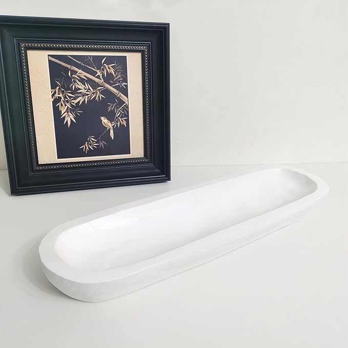 Wooden Dough Bowls Decorative，Rustic Bread Long Bowls Decor Wood Tray, Hand Carved For Table Centerpiece Decor, Home Decor(20 * 6 * 2 inch white)