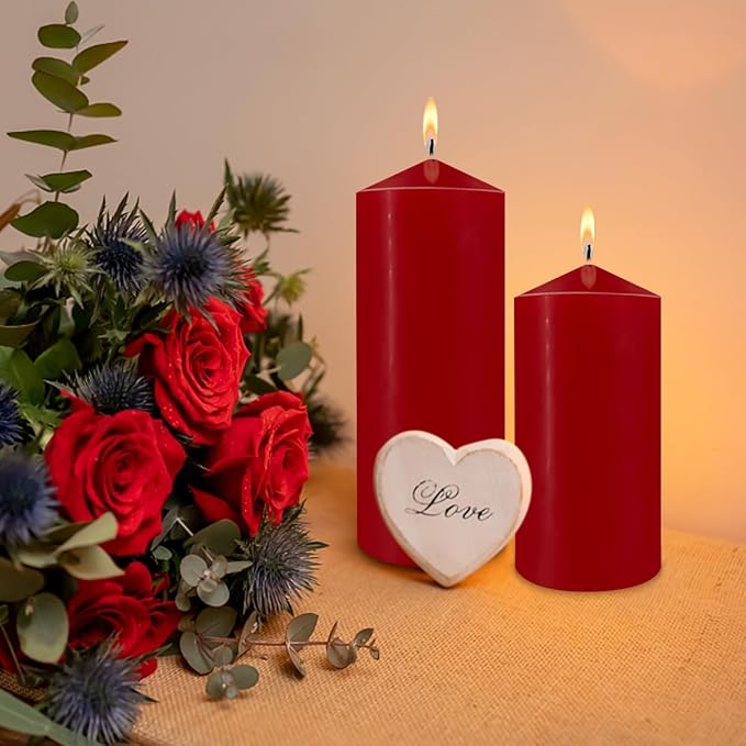 Hand Poured Pillar Candles Set of 2, 3x8 inches Emergency Large Red Candle, Smokeless Dripless Unscented and Non-Toxic Candles, Home Wedding Decor Candles