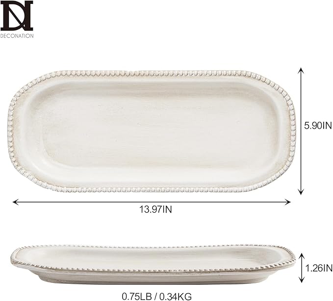 White Decorative Tray for Farmhouse Home Decor, Vanity/Jewelry/Perfume Tray for Coffee Table Decor, Living Room, Bathroom, Kitchen Counter, 13.97" Wood Oval Beaded Trays Boho Modern Decorations